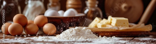 Artistic view of a baker's workspace with ingredients like flour, eggs, sugar, and butter, mid-preparation of a dessert recipe photo