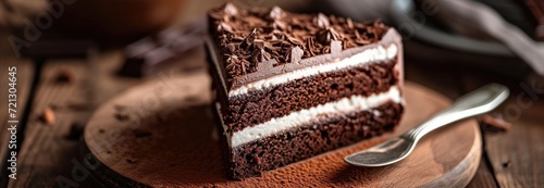 Close-up of a decadent chocolate cake slice with layers of ganache and cream, dark moody atmosphere photo