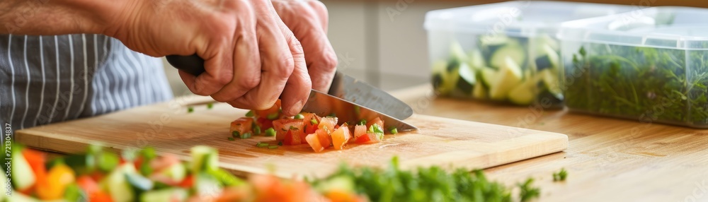 Close-up of hands chopping vibrant organic vegetables and herbs on a bamboo cutting board, with meal prep containers in the background