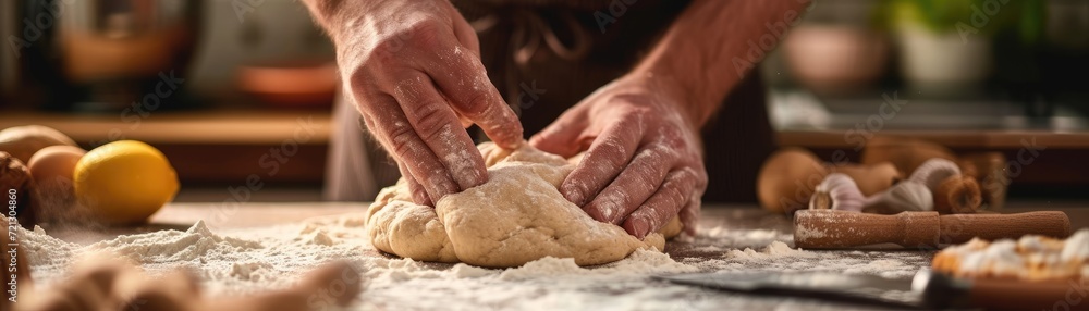 Close-up of hands kneading dough on a floured surface, with baking utensils and ingredients arranged around, warm kitchen lighting