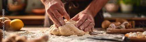 Close-up of hands kneading dough on a floured surface, with baking utensils and ingredients arranged around, warm kitchen lighting
