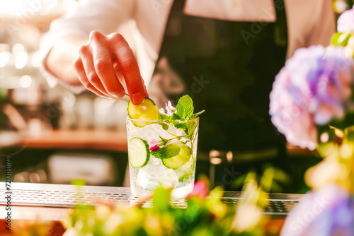 Bartender skillfully prepares a vibrant, non-alcoholic cocktail, its fresh lime and mint leaves promising a refreshing and healthy experience, capturing the essence of mindful drinking