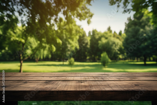 Empty wooden table with a defocused background of a lush green forest bathed in warm sunlight