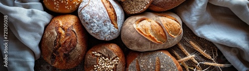 Elegant composition of various handcrafted bread loaves, with grains and seeds, on a vintage linen cloth, top view