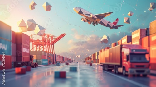 Third party logistics, 3pl, transport, cargo export, import. Integrated warehousing and transportation operation service. Air, road, maritime delivery. Digital polygonal low poly 3d mesh illustration