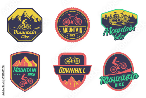 Downhill sticker, outdoor freestyle bicycle and bike riders emblems vector set