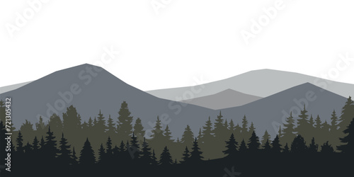 Vector illustration of panoramic landscape with dark silhouettes of trees and mountains