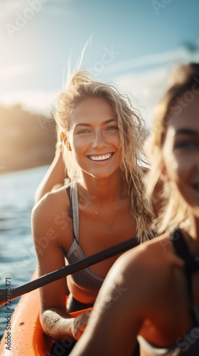 Smiling young woman kayaking on a lake. Happy young woman canoeing in a lake on a summer day. Two smiling friends kayaking on a lake together during summer break. Having fun on a kayak