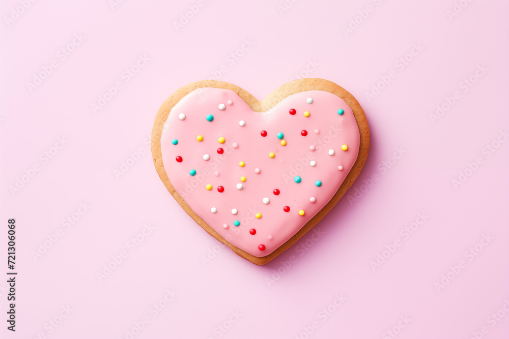 Heart shaped cookie. Delicious looking beautiful cookie with icing and sprinkle, concept: Valentine's Day, Women's day, Mother's Day gift. Pink and blue pastel background.