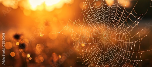 Mesmerizing Cobweb, Glistening Dew, and Captivating Sunrise - A Perfect Trio of Cobweb, Dew, and Sunrise in One Exquisite Shot