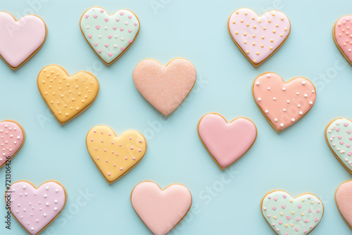 Heart shaped cookie. Delicious looking beautiful cookie with icing and sprinkle, concept: Valentine's Day, Women's day, Mother's Day gift. Pink and blue pastel background.