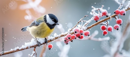 Great Tit (Parus major) - Majestically Perched on Frosty Branch, Feasting on Juicy Berries photo