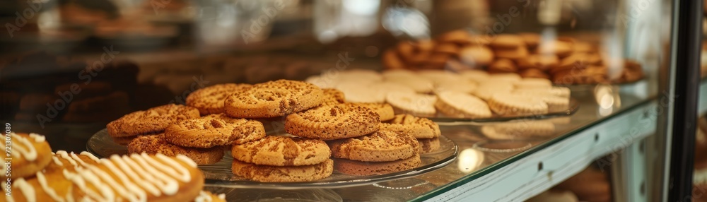 Elegant display of gourmet biscuits and shortbread in a chic bakery window, with a focus on intricate designs and textures