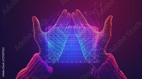 Warming up hands over electric heater. Polygon vector wireframe concept. Headline