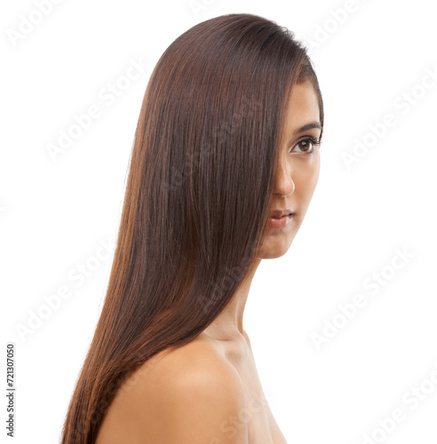 Hair care, health and young woman in studio for cosmetic, salon and beauty treatment. Wellness, confident and female person with shiny, long and conditioner hairstyle routine by white background.