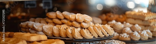 Elegant display of gourmet biscuits and shortbread in a chic bakery window, with a focus on intricate designs and textures