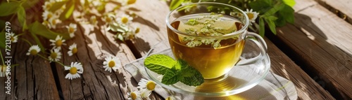 Herbal tea preparation scene with fresh mint, chamomile, and lemongrass, soothing and tranquil ambiance