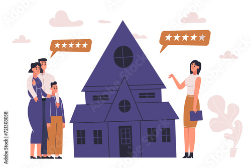 Family searching new home. Parents with son looking at new house for sale