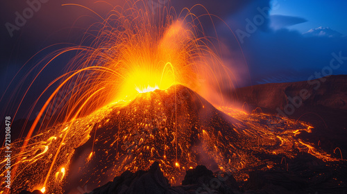 Photographs of erupting volcanoes, with incandescent lava gushing from the peaks and lighting up the night sky with intense colors