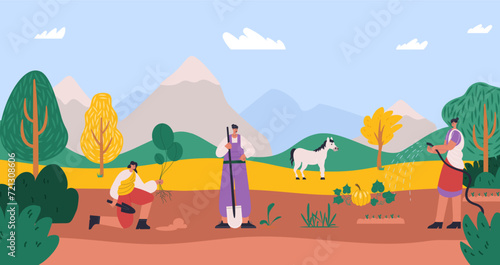 Farmer characters at farm agriculture