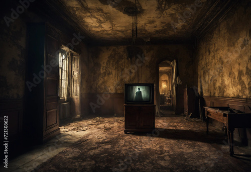 A TV in the living room of an abandoned house and an image on the screen. It's an eerie environment.