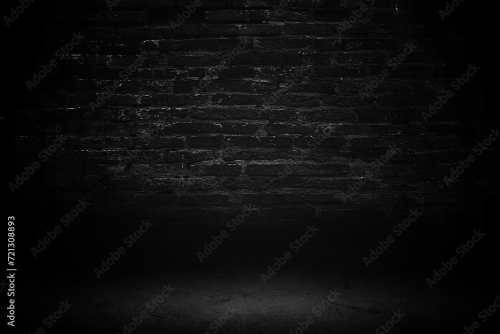 Black studio room background, interior texture for display products. Brick wall and black cement floor Black studio room background, interior texture for display products. Brick wall and black cement floor