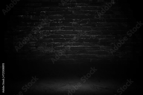 Black studio room background, interior texture for display products. Brick wall and black cement floor