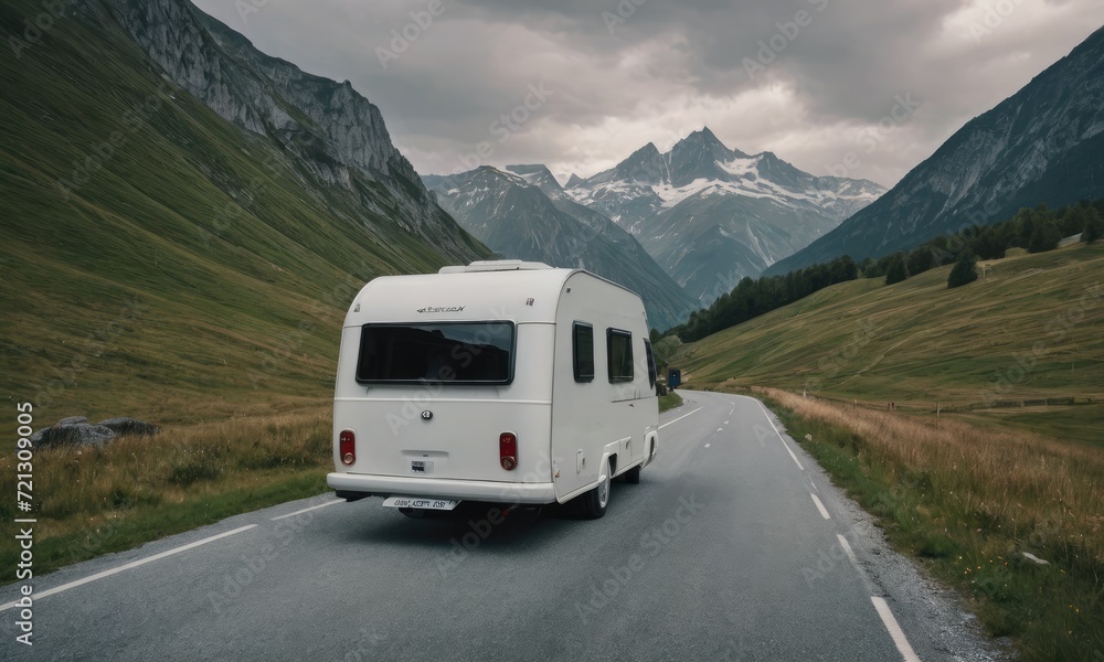 Freedom on Wheels: A Tranquil Journey with a White Camper on a Scenic Road – Embrace the Open Road and Create Your Adventure
