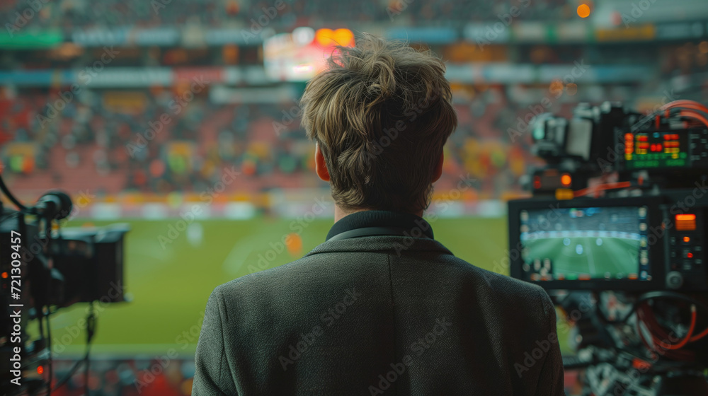 a sports commentator broadcasts the match at the stadium a sports commentator broadcasts the match at the stadium