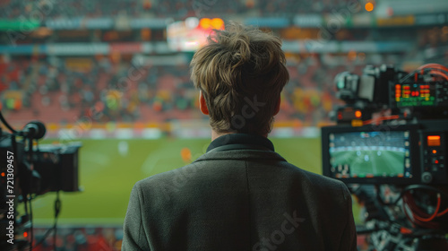 a sports commentator broadcasts the match at the stadium photo