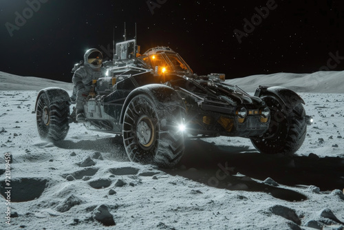 On a remote lunar landscape, an engineer in a specialized EVA suit examines a lunar rover.