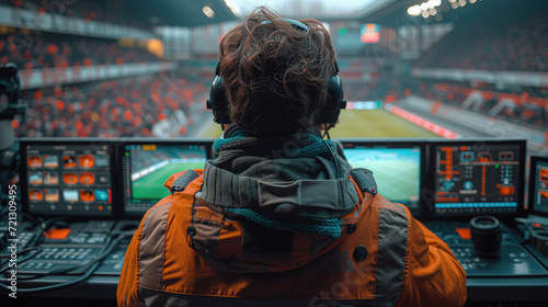a sports commentator broadcasts the match at the stadium   photo