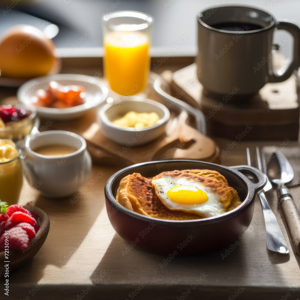 Top view of a nutritious breakfast with eggs on a board Top view of a nutritious breakfast with eggs on a board