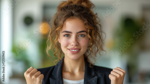 Wallpaper Mural woman in dressed in professional attire, with a black blazer and a white top, an individual expressing a strong emotion, possibly excitement, Torontodigital.ca