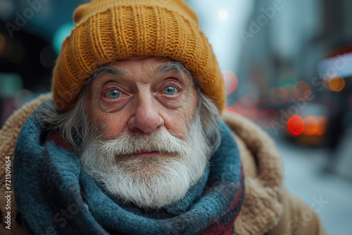 homeless old man sit by the street in the city with a lot of pollution