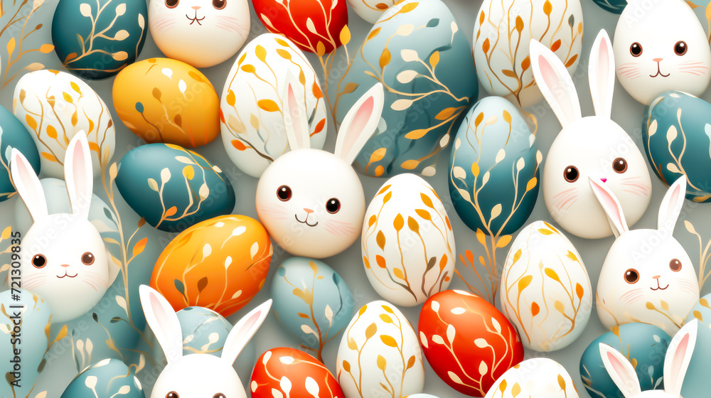 Easter background with seamless pattern featuring array of adorable bunnies and easter eggs in pastel colors, perfect for springtime promotions, event announcements or seasonal greetings. Happy Easter