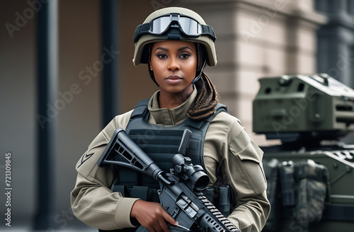 Young black woman in military uniform wearing a helmet. in the hands of a machine gun.