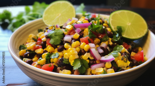 Zesty black bean and corn salsa with cilantro, lime, and red onion.