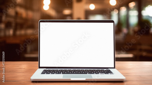 Laptop with blank white screen on wooden table in coffee shop background