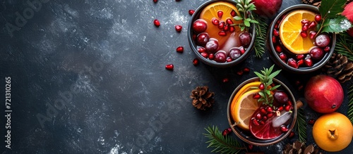 Text space for top view of holiday sangria with winter fruits such as cranberries, citrus, and pomegranate.