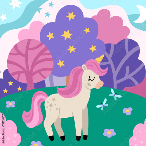 Vector square background with unicorn, field, magic forest, clouds, stars. Fantasy world scene with purple trees. Fairytale landscape for card, post, book. Cute night sky illustration for kids .