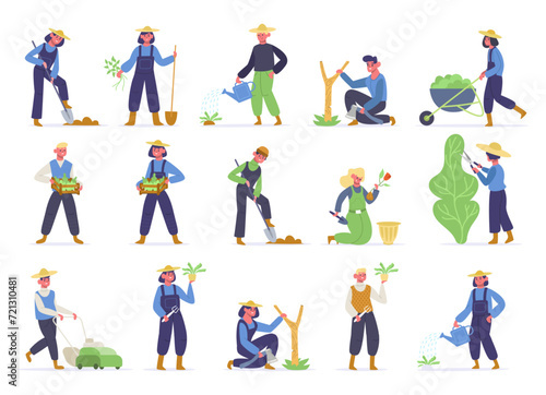 Garden worker collection with work tools. Vector of gardening