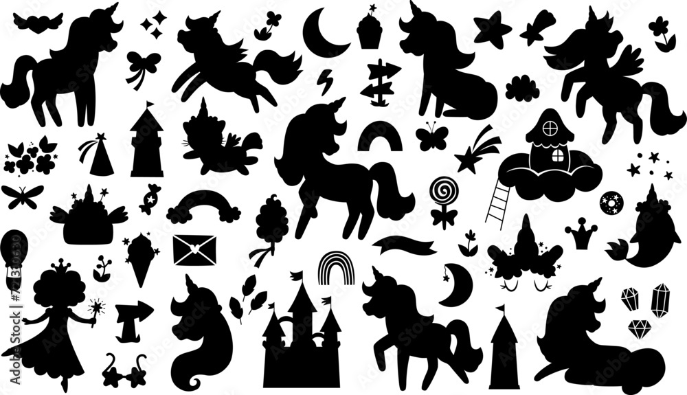 Vector unicorn silhouettes set. Fairytale black icons collection with funny fairy, castle, rainbow, moon, falling star, flowers, sweets. Cute magic or fantasy world shadow illustrations for kids.