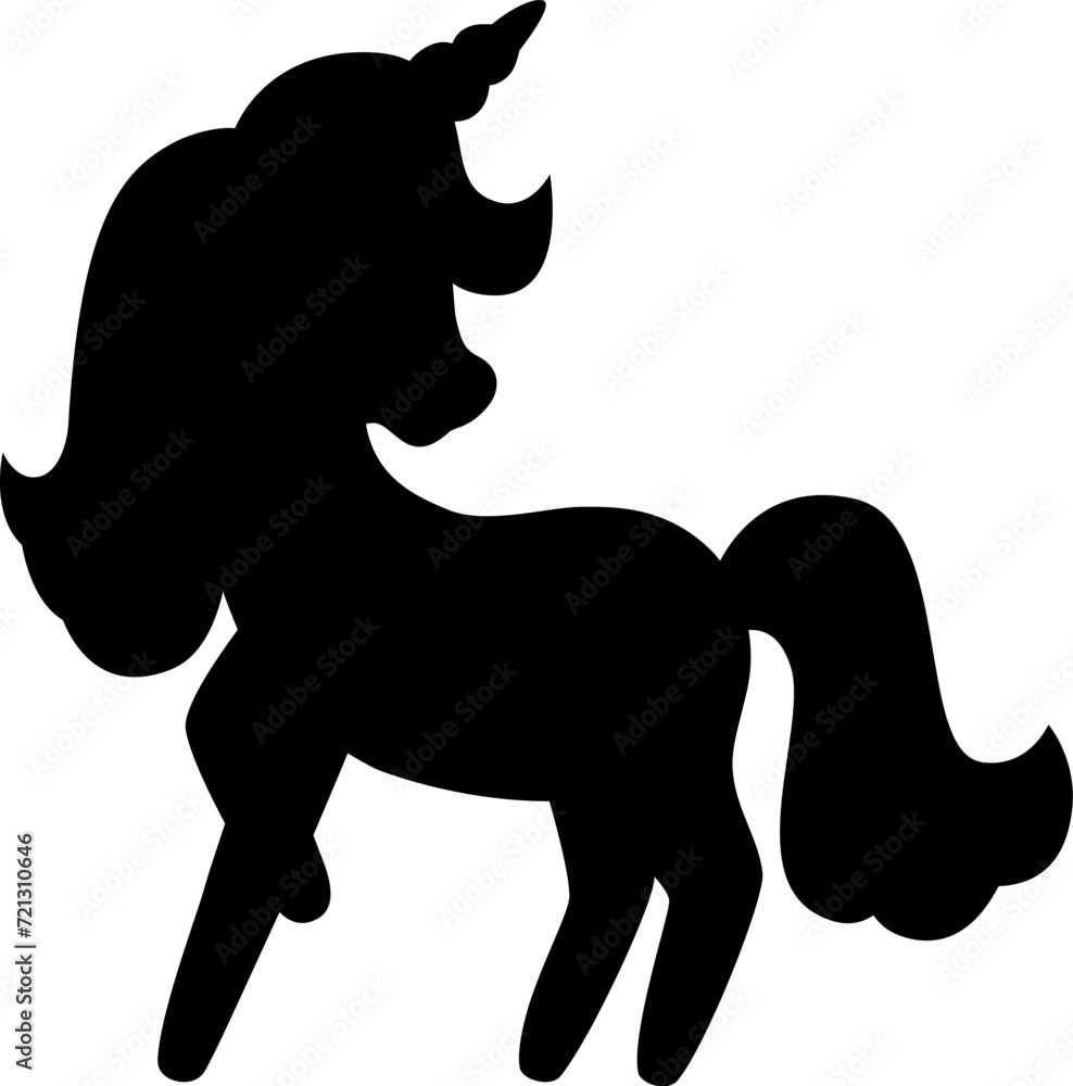 Obraz premium Vector black unicorn silhouette. Fantasy animal shadow. Fairytale horse character illustration for kids. Cartoon magic creature icon isolated on white background.