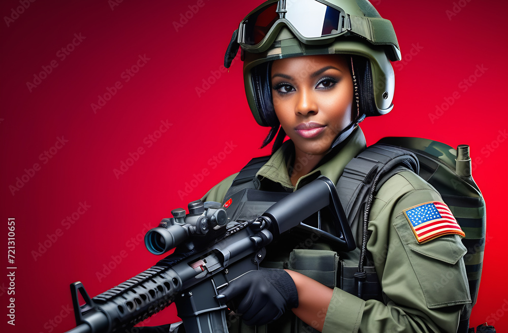 Young black woman in military uniform wearing a helmet. in the hands of a machine gun. Young black woman in military uniform wearing a helmet. in the hands of a machine gun.