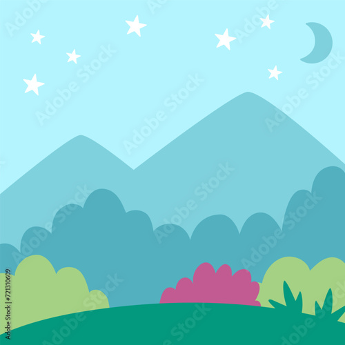Vector blue abstract background with clouds, stars, half moon, green field, forest, mountains. Magic or fantasy world scene. Cute fairytale square nature landscape. Night sky illustration for kids .