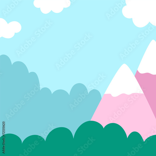 Vector abstract background with clouds, green forest, pink mountains. Magic or fantasy world scene. Cute fairytale square nature landscape. Blue sky illustration for kids .