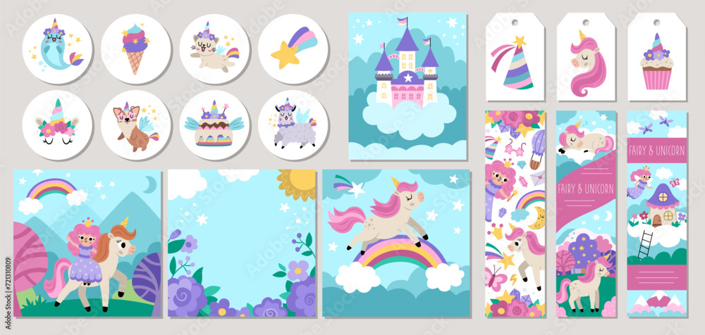 Cute unicorn cards set with fairy princess, castle, rainbow. Vector magic fantasy world square, round, vertical print templates and nature scenes. Fairytale design for tags, postcards, party. Cute unicorn cards set with fairy princess, castle, rainbow. Vector magic fantasy world square, round, vertical print templates and nature scenes. Fairytale design for tags, postcards, party.