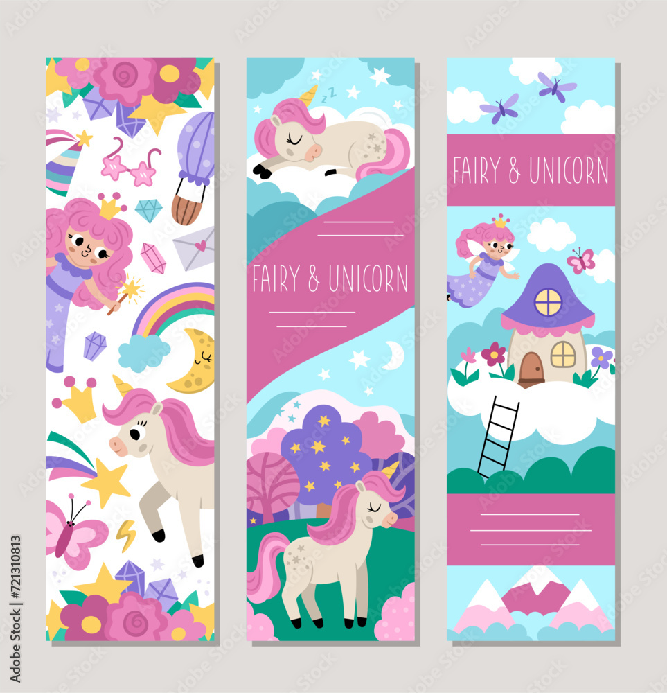 Cute unicorn vertical cards set with fairy, castle, magic forest, rainbow. Vector fairytale vertical print templates. Fantasy world bookmark design for tags, postcards, ads, party, holiday, birthday. Cute unicorn vertical cards set with fairy, castle, magic forest, rainbow. Vector fairytale vertical print templates. Fantasy world bookmark design for tags, postcards, ads, party, holiday, birthday.