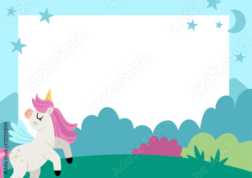 Unicorn party greeting card template with cute magic forest  moon  star  night landscape. Fairytale poster or invitation for kids. Bright fantasy holiday vertical illustration.